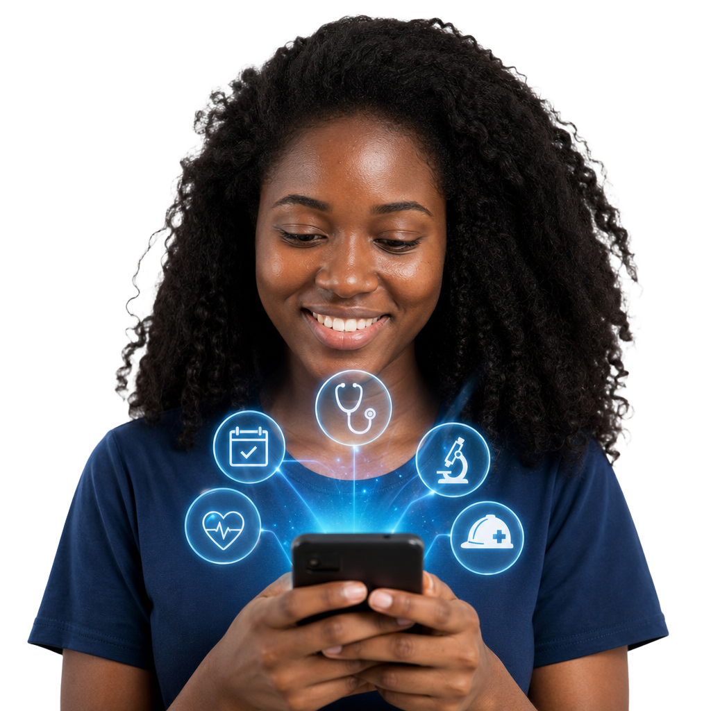 Mulher conectando serviços de saúde no smartphone com Nexsus
